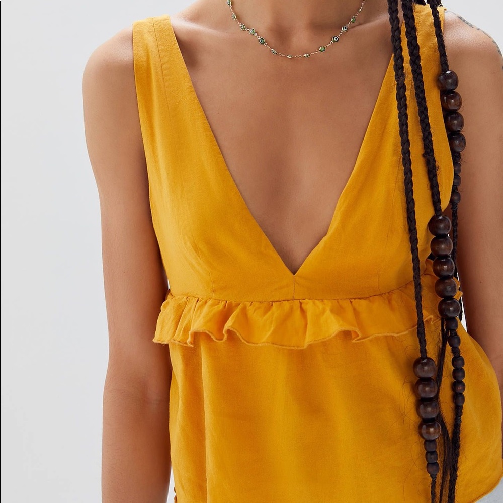 UO LIGHT YELLOW Karen Linen Ruffle Babydoll Top